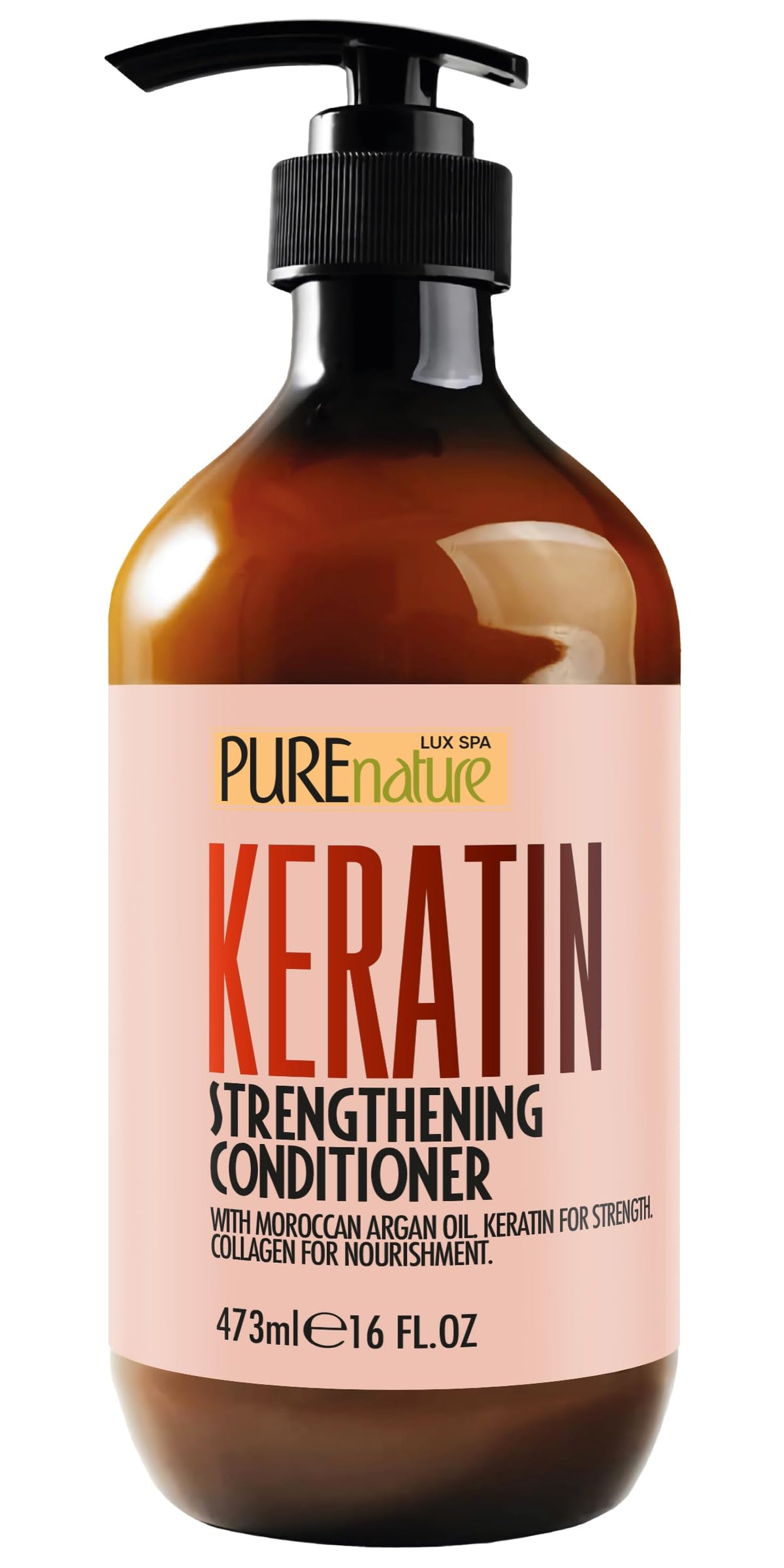 Pure Nature Lux Spa keratin conditioner bottle front improves hydration for dry hair