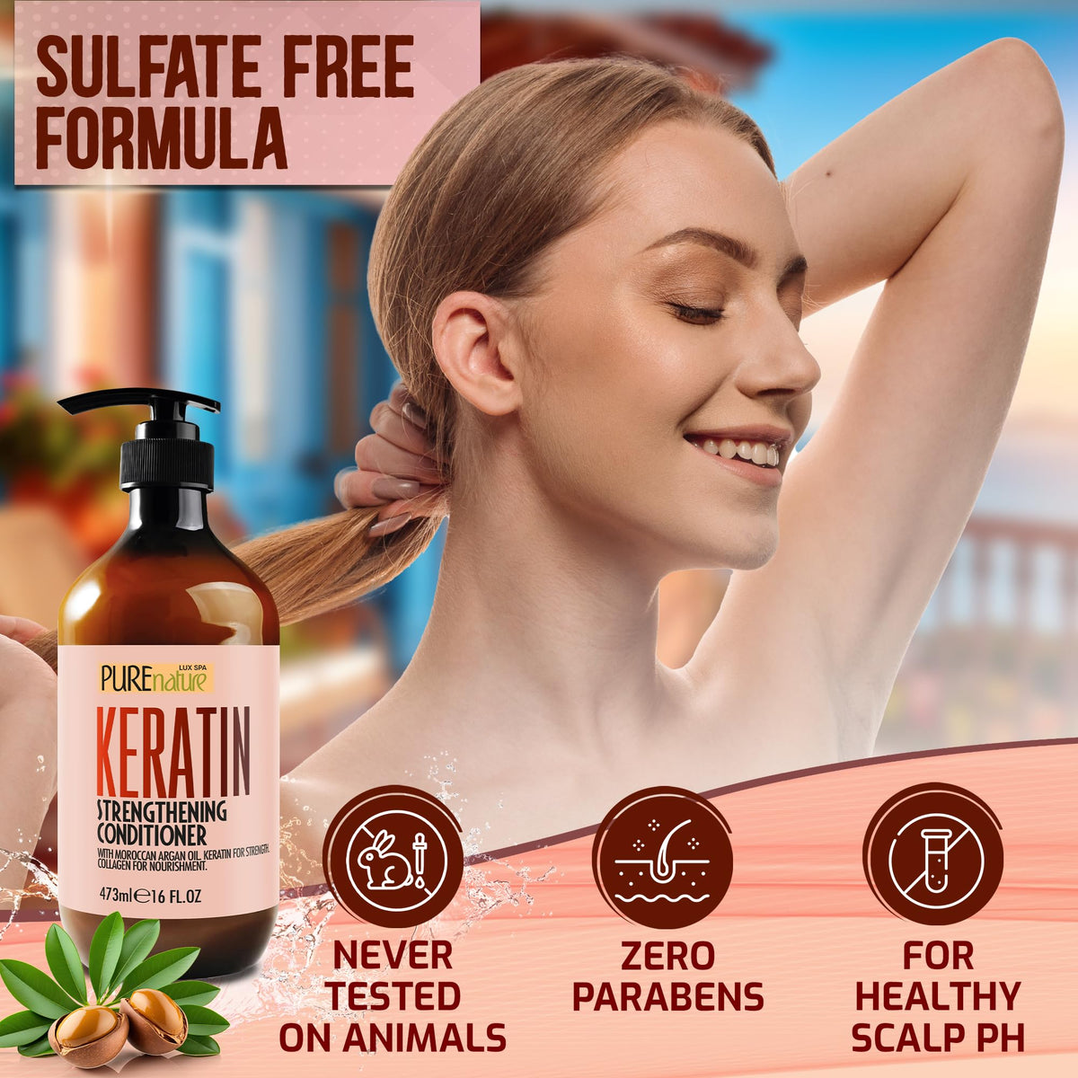 Pure Nature Lux Spa keratin conditioner closeup highlights hair texture and added shine
