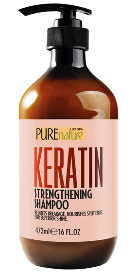 Pure Nature Lux Spa Keratin Shampoo bottle close-up highlighting sulfate-free formula for stronger hair