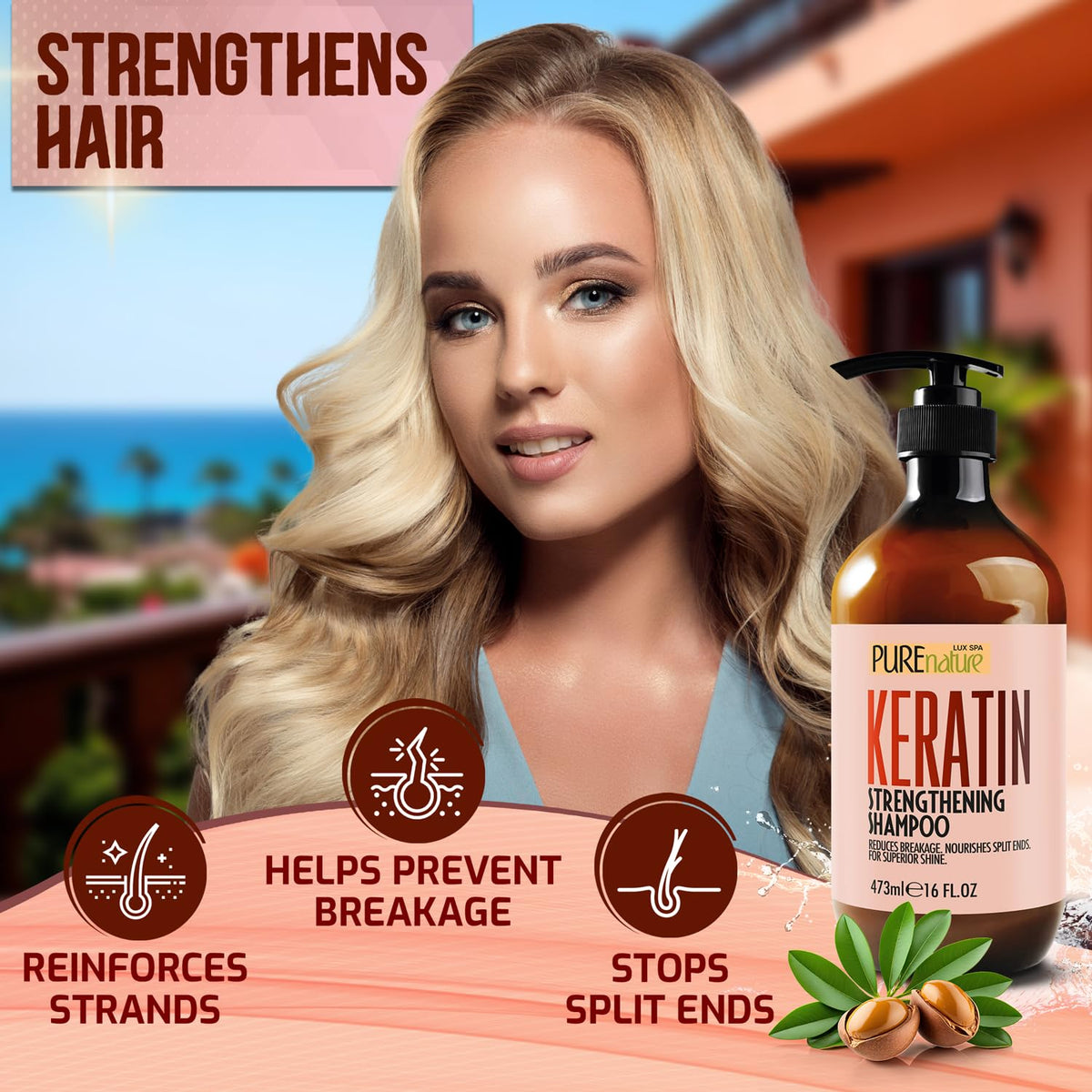 Pure Nature Lux Spa Keratin Shampoo label emphasizes a gentle, sulfate-free cleanse