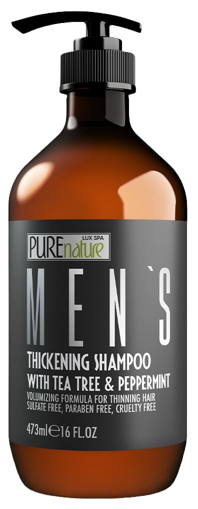 Pure Nature Lux Spa mens shampoo bottle front showcases peppermint boost for scalp refreshment