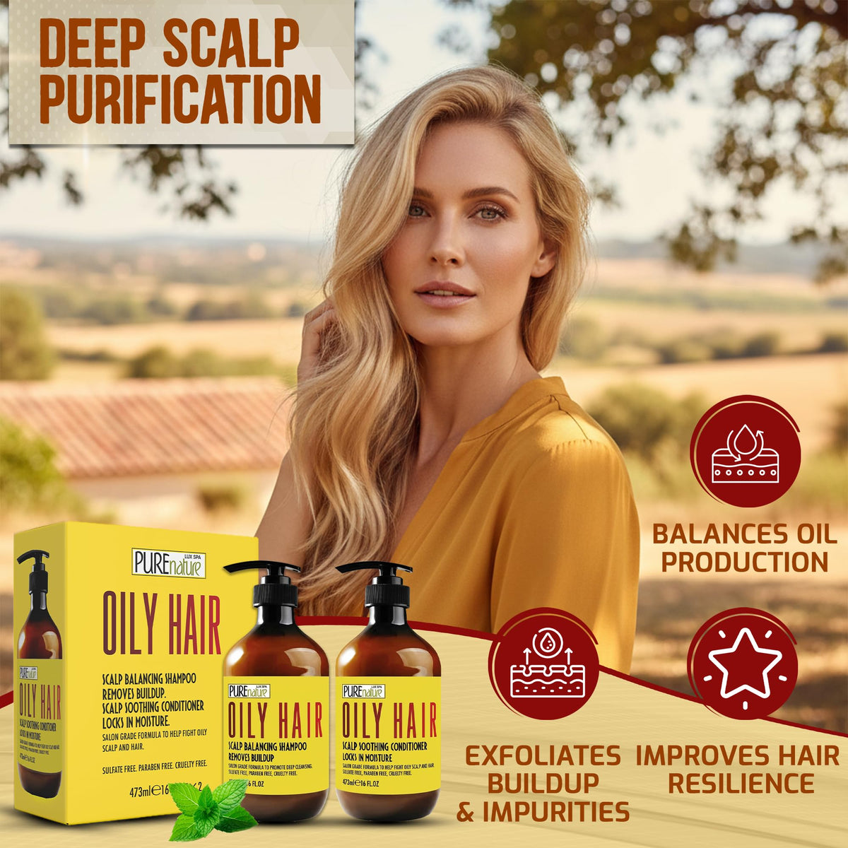 PURE NATURE LUX SPA oily hair conditioner bottle delivers smoother ends