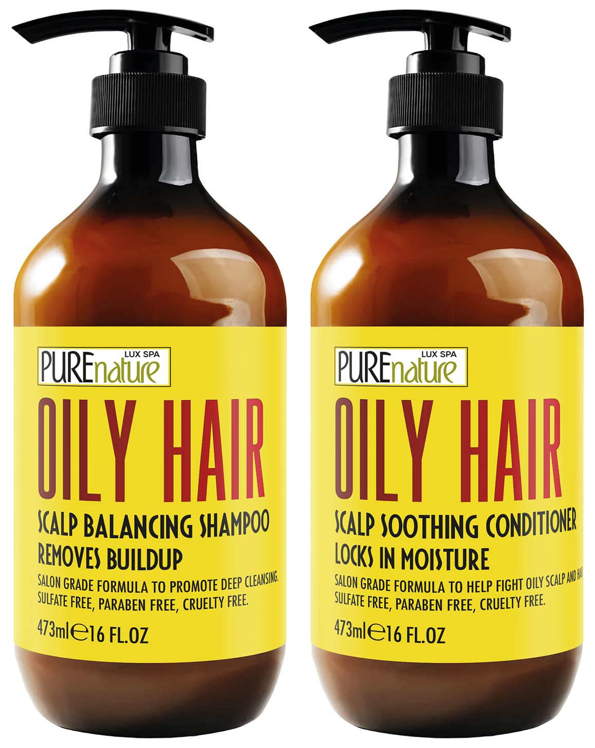 PURE NATURE LUX SPA oily hair shampoo bottle promotes a clean, refreshed scalp