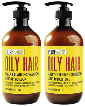 PURE NATURE LUX SPA oily hair shampoo bottle promotes a clean, refreshed scalp