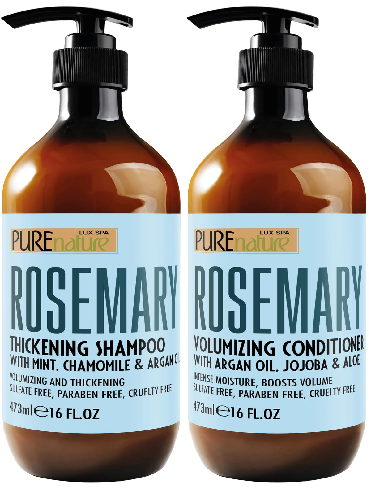 Pure Nature Lux Spa rosemary shampoo bottle with mint aroma for fuller-looking hair.