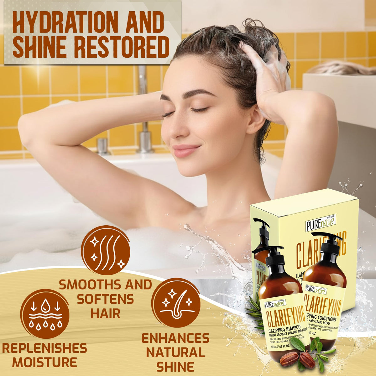 Pure Nature Lux Spa sulfate-free formula close-up emphasizing clean hair.
