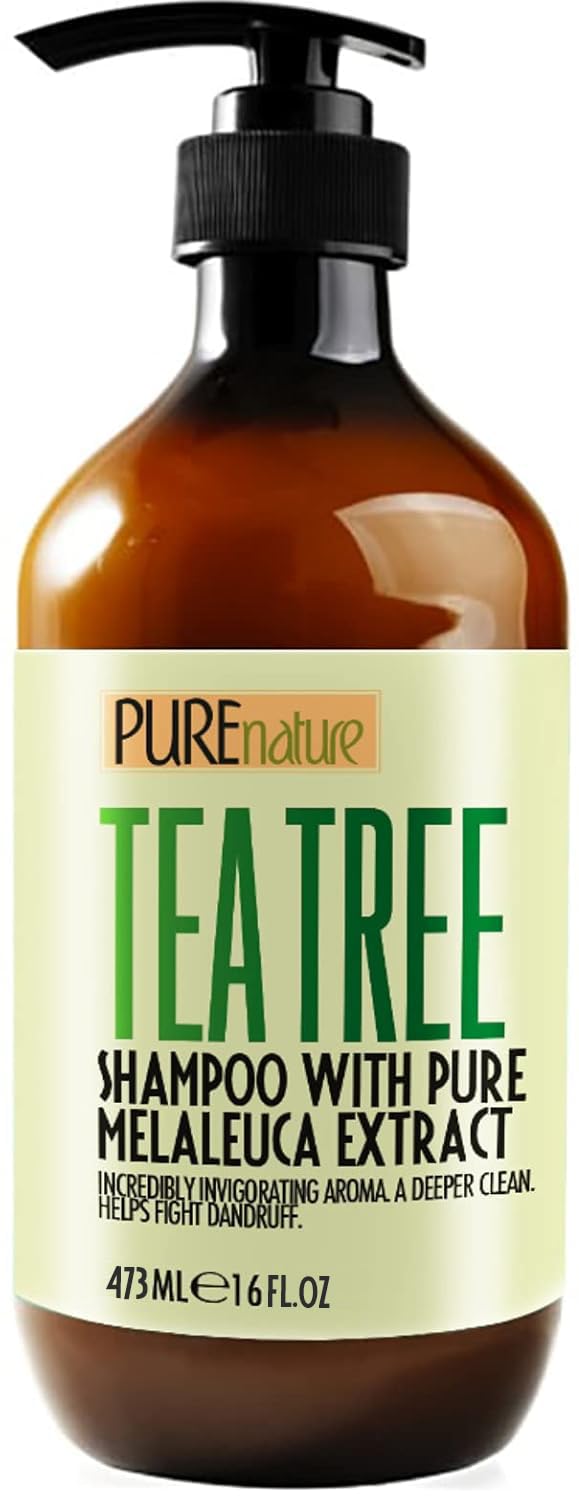 Pure Nature Lux Spa Tea Tree Shampoo bottle demonstrates sulfate-free cleansing for oily scalps.