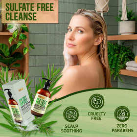 Pure Nature Lux Spa Tea Tree Shampoo label close-up showing natural ingredients and branding.