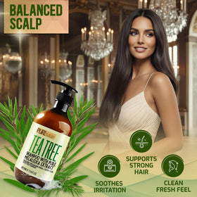 Pure Nature Lux Spa Tea Tree Shampoo on scalp showing refreshing cleansing action.