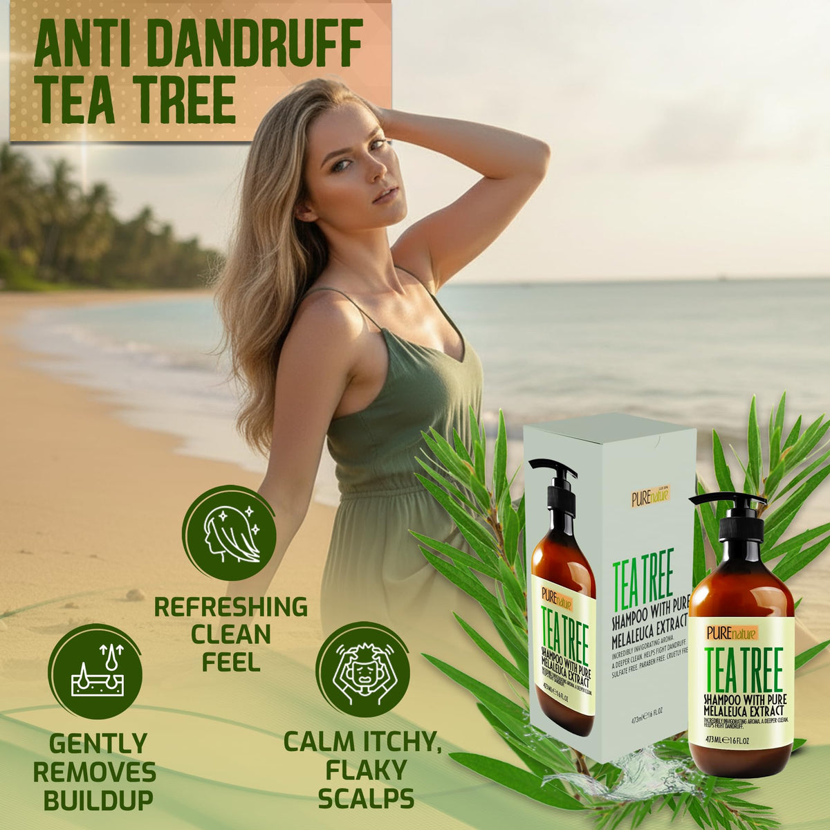 Pure Nature Lux Spa Tea Tree Shampoo pump dispenses deep-cleaning formula for buildup removal.