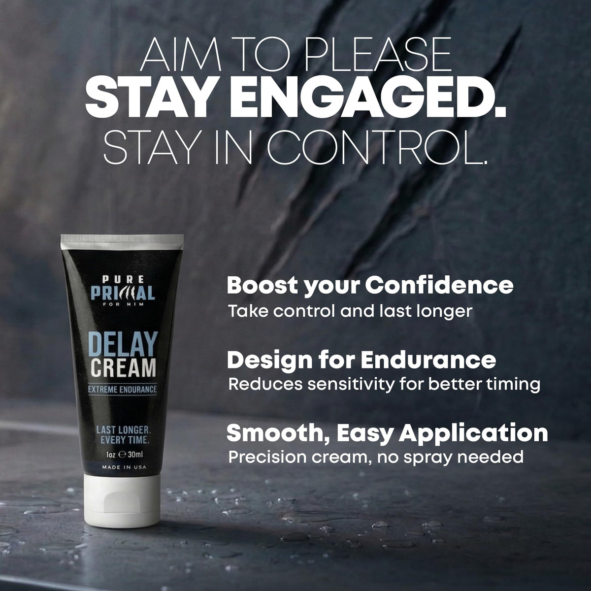 Pure Primal Delay Cream on finger showing pea-sized application.
