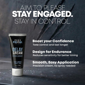 Pure Primal Delay Cream on finger showing pea-sized application.