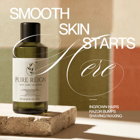Pure Reign exfoliating liquid bottle highlights a fast absorbing alcohol-based formula.