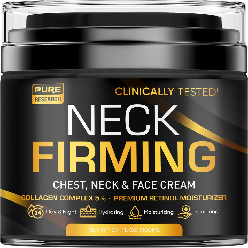 Pure Research neck firming cream bottle shows lifting and smoothing for the neck