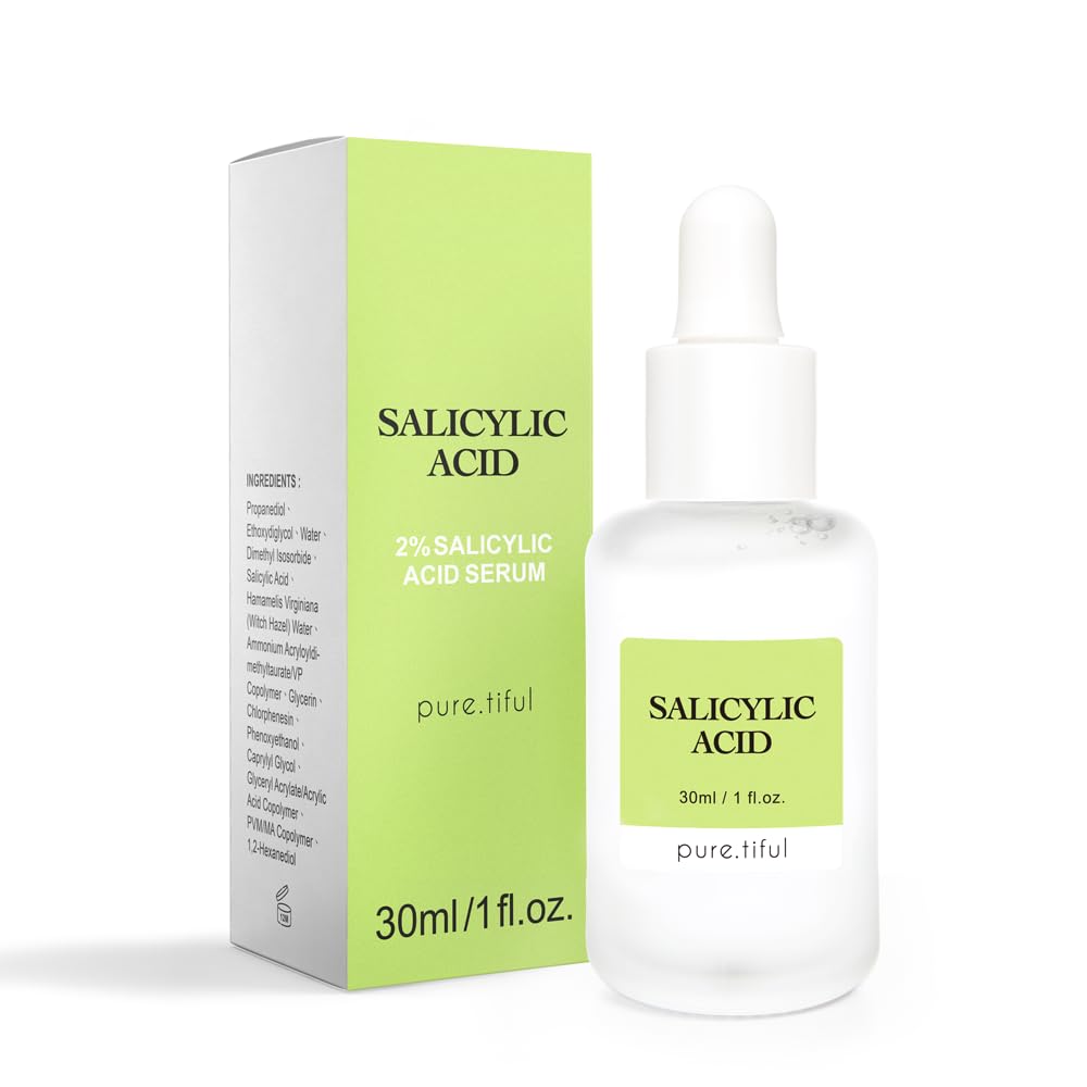 pure.tiful 2% salicylic acid serum bottle closeup for pore care and clarity.