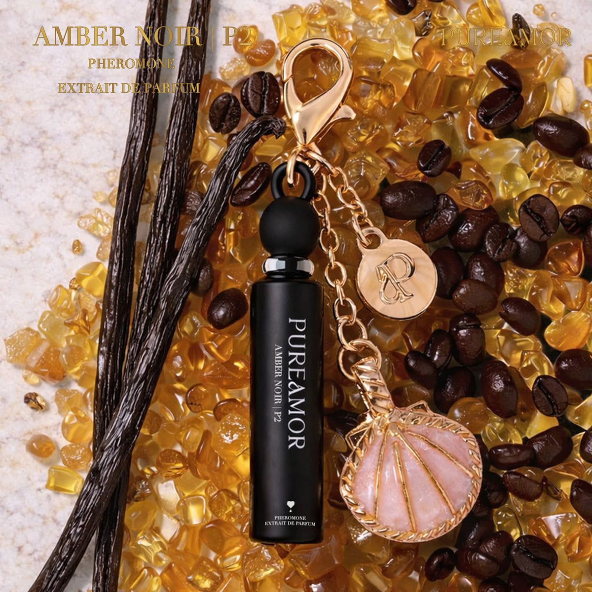 PUREAMOR Amber Noir coffee jasmine heart note visual suggests bold aroma.
