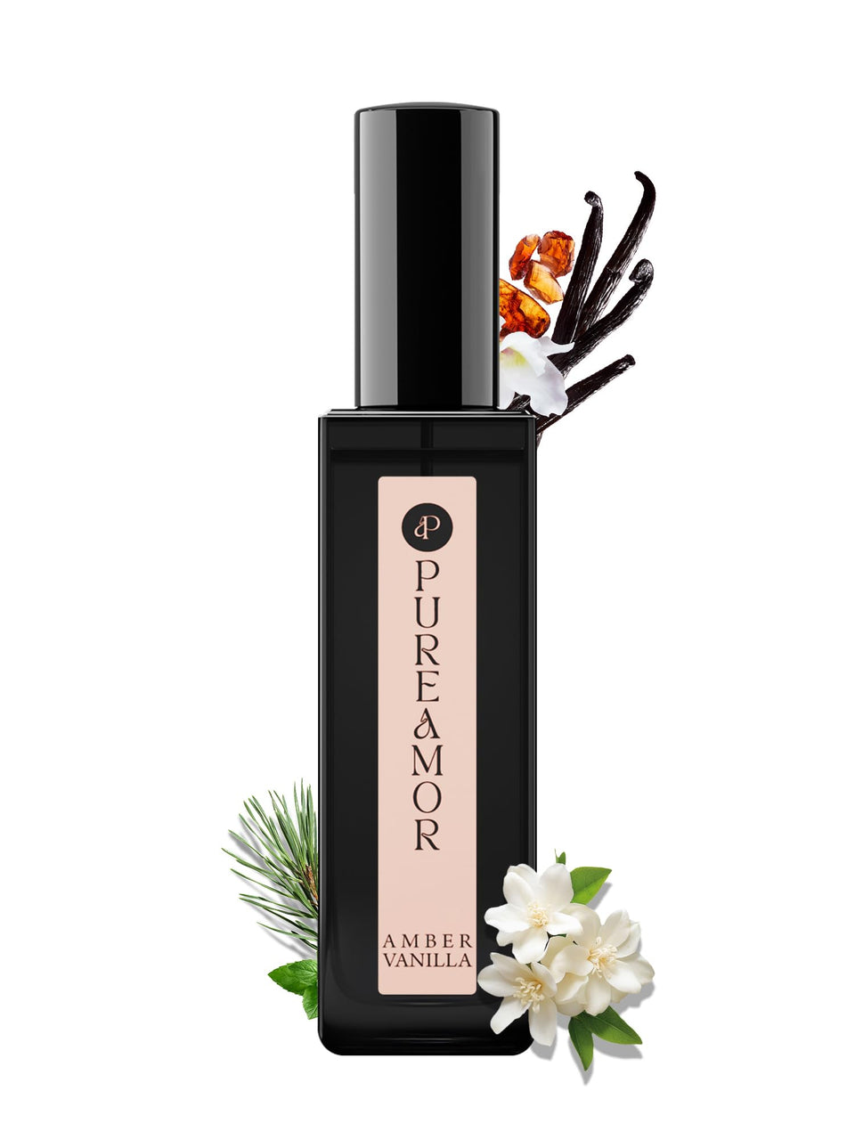 PUREAMOR Amber Vanilla perfume bottle showing warm amber and vanilla for lasting elegance.