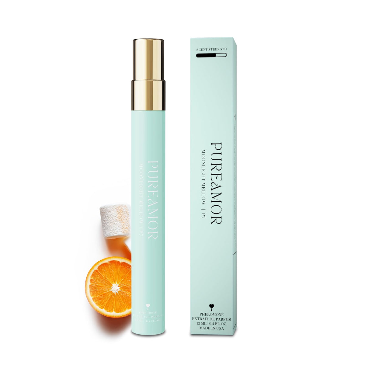 PUREAMOR Moonlight Mellow bottle highlights neroli and orange notes for a bright daytime mood.