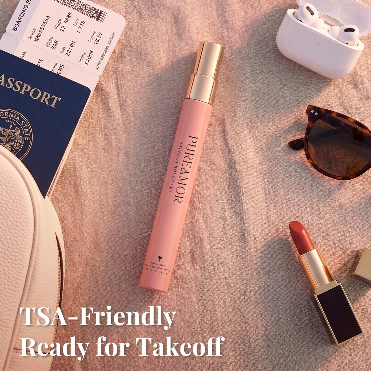 Travel-size PUREAMOR spray for quick on-the-go fragrance refresh.