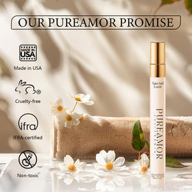 PUREAMOR Santal Luxe packaging-closeup highlights premium USA-made quality and extrait de parfum strength.