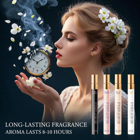 PUREAMOR Santal Luxe pocket-ready image emphasizes purse-friendly size for spontaneous fragrance boosts.