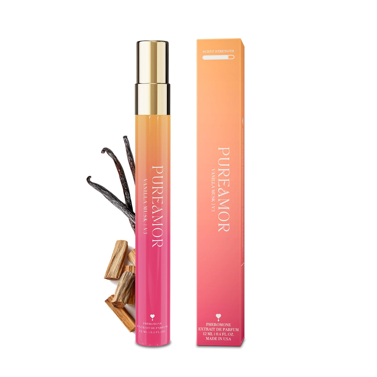 PUREAMOR Vanilla Musk extrait bottle shows a warm daily fragrance.