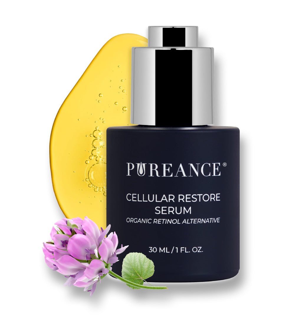 PUREANCE Bakuchiol serum bottle close-up for smoother skin texture.