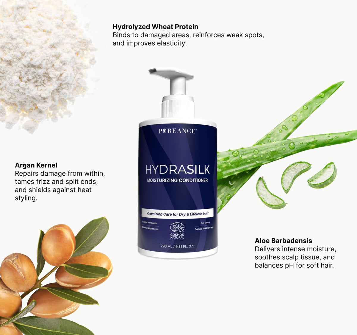 PUREANCE Hydrasilk bottle pour demonstrates controlled dispensing for gentle conditioning.