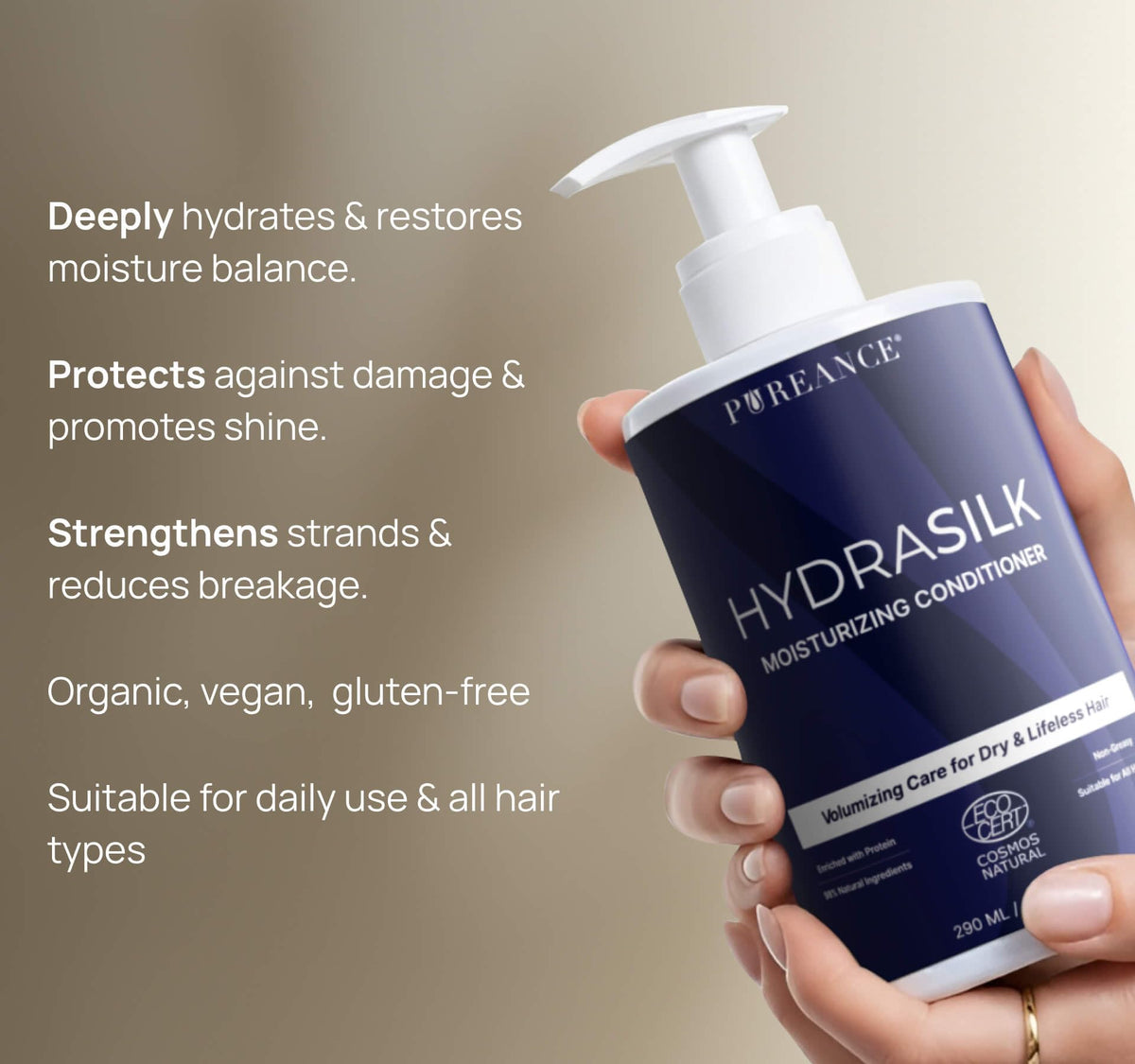 PUREANCE Hydrasilk ingredients shelf highlights coconut and argan oil benefits.