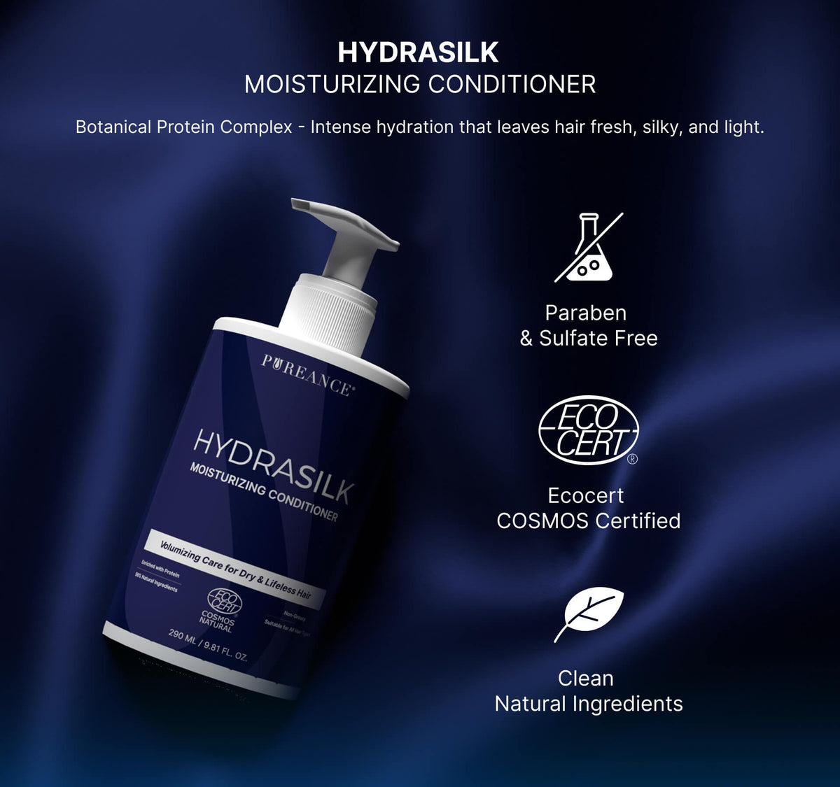 PUREANCE Hydrasilk packaging highlights clean, plant-based formula for daily use.