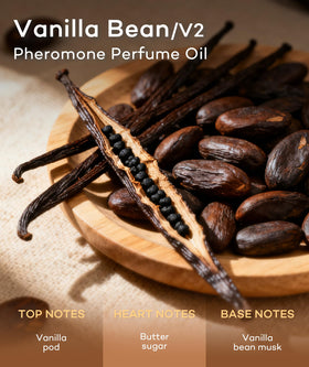Close-up of Purefittech pheromone oil with vanilla scent highlighting long-lasting wear.