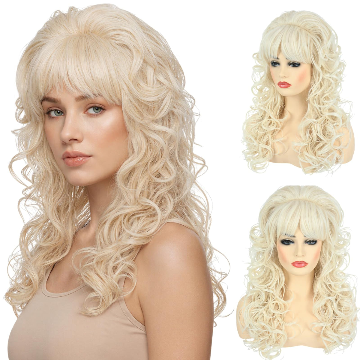 PUREHAIR 80s long blonde bouffant wig front view with disco-ready volume