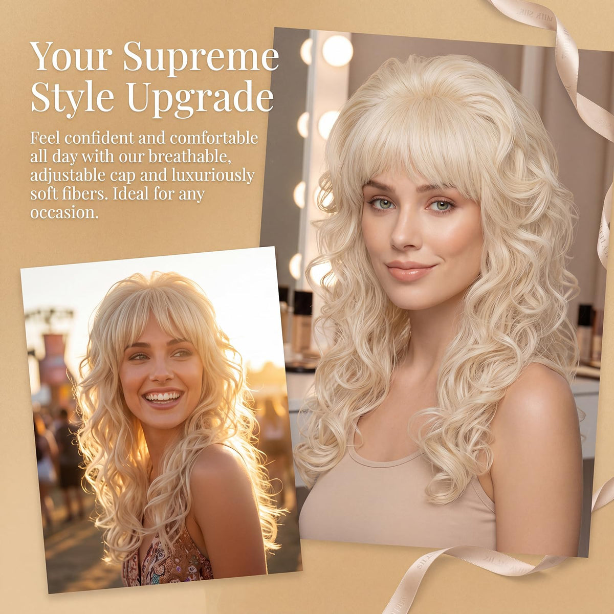 PUREHAIR long blonde bouffant wig volume shot demonstrates adjustable cap fit
