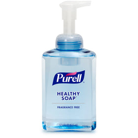 Display of four Purell HEALTHY SOAP bottles for convenient supply.