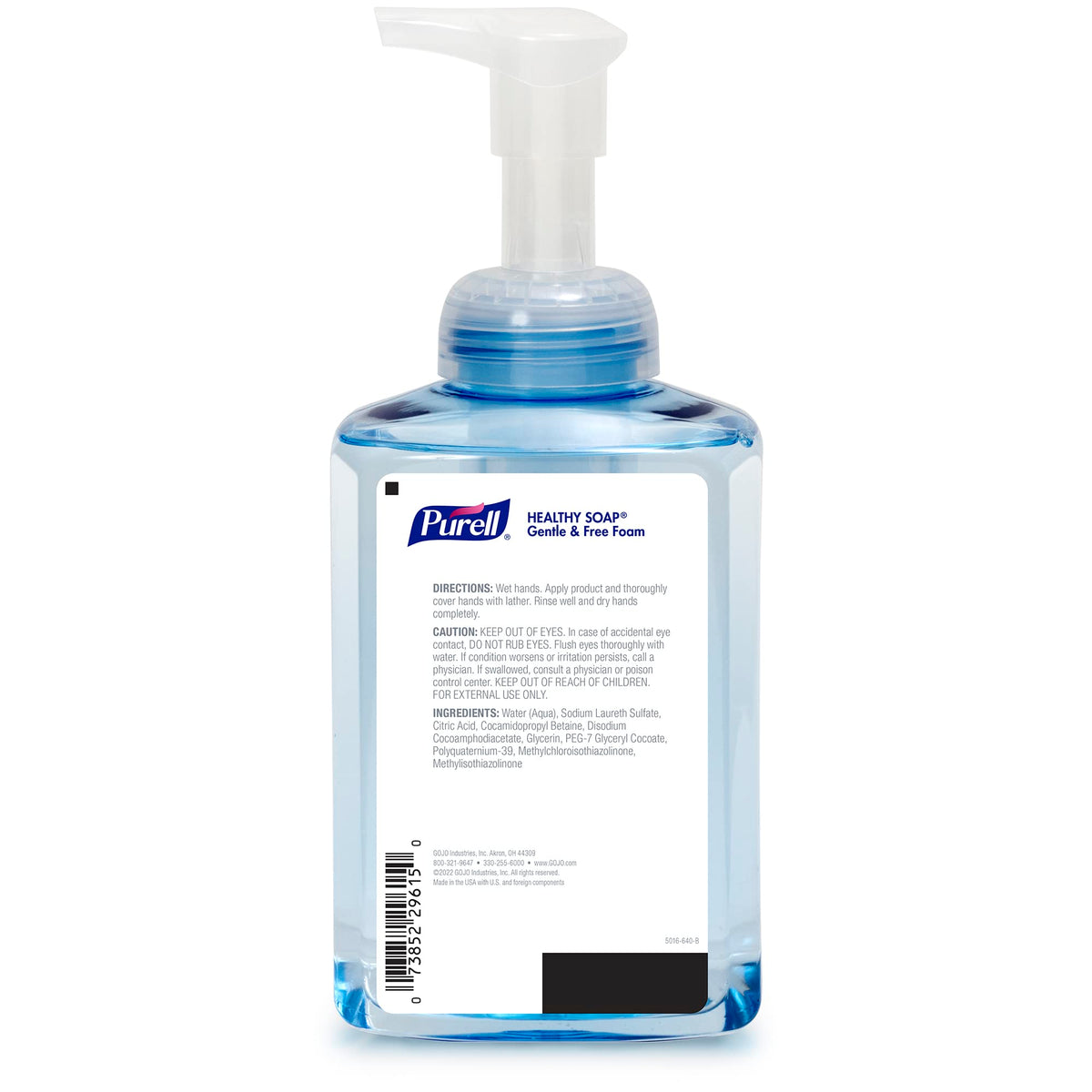 Purell HEALTHY SOAP Gentle & Free Foam bottle back view, fragrance-free and hypoallergenic.