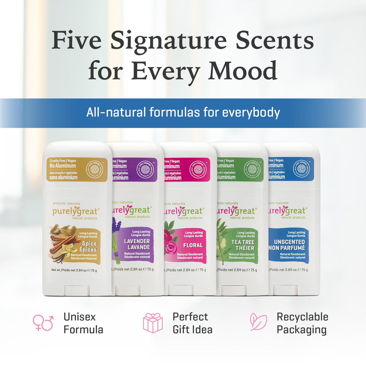 Purelygreat 75 g net weight label communicates long-lasting value.