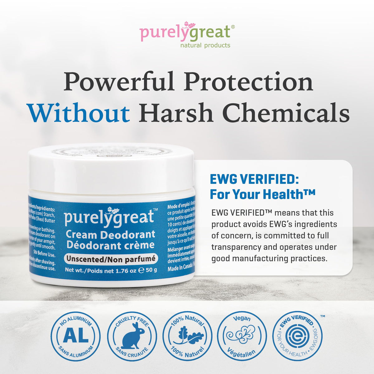 Purelygreat aluminum-free ingredient list featuring natural soda and shea butter.