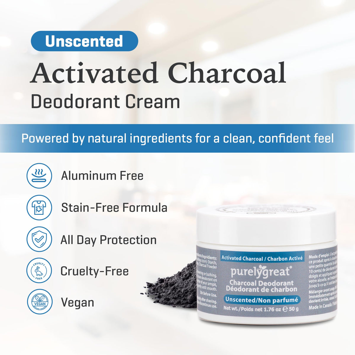 Purelygreat Charcoal Deodorant application stick ready for quick daily use.