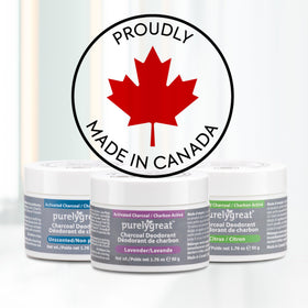 Purelygreat Charcoal Deodorant closeup shows activated charcoal powder for odor absorption.