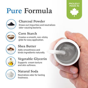 Purelygreat Charcoal Deodorant cruelty-free label shows vegan, ethical choice.