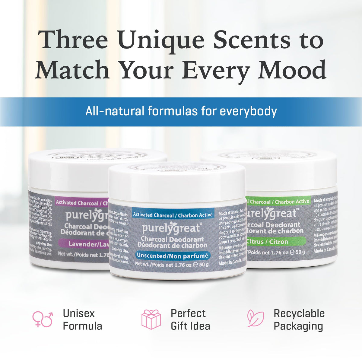 Purelygreat Charcoal Deodorant travel-friendly packaging for on-the-go freshness.