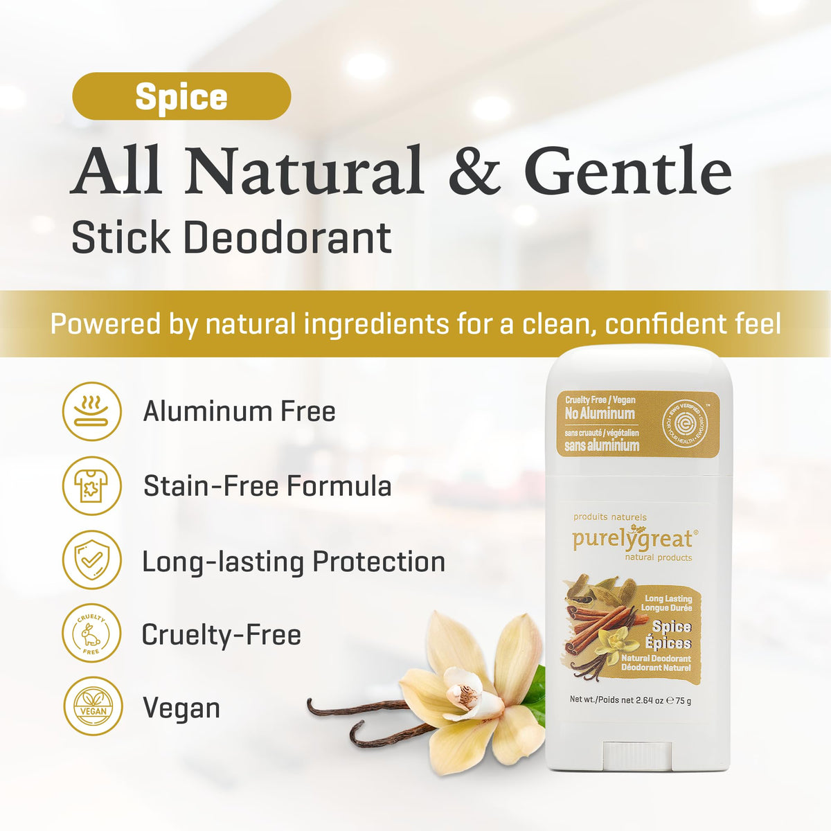 Applying Purelygreat deodorant during morning routine for long-lasting freshness.