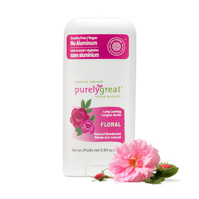 Purelygreat floral deodorant stick bottle—sleek packaging for travel-friendly freshness.