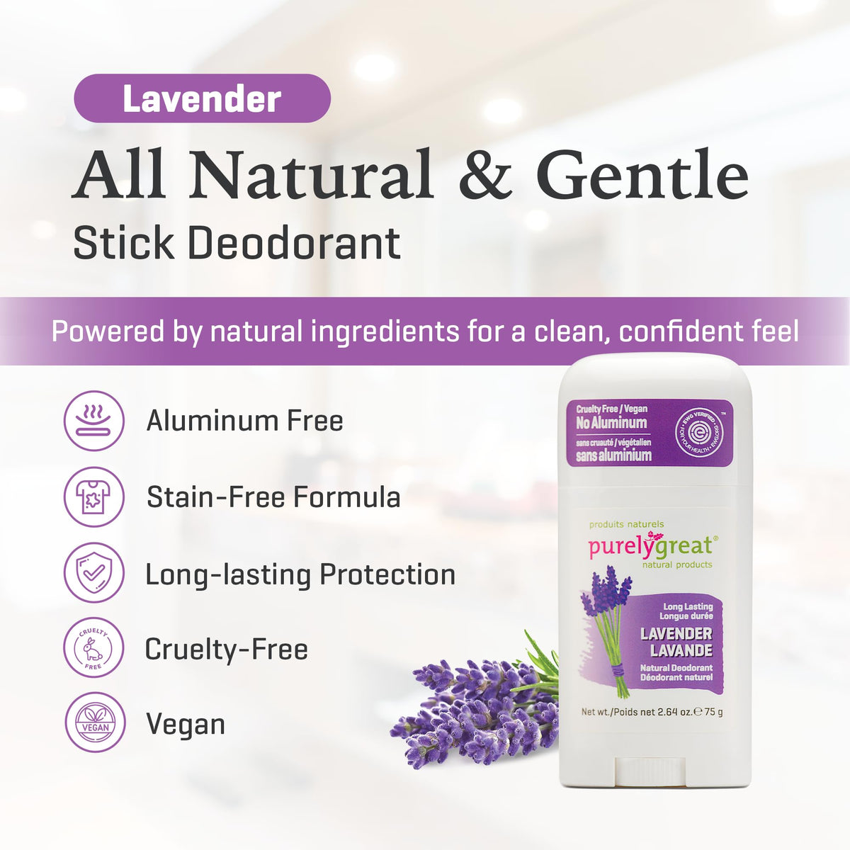 Purelygreat Lavender Deodorant Stick being applied for all-day freshness.