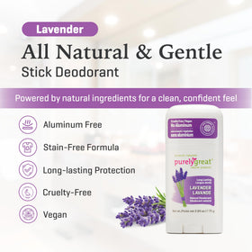 Purelygreat Lavender Deodorant Stick being applied for all-day freshness.