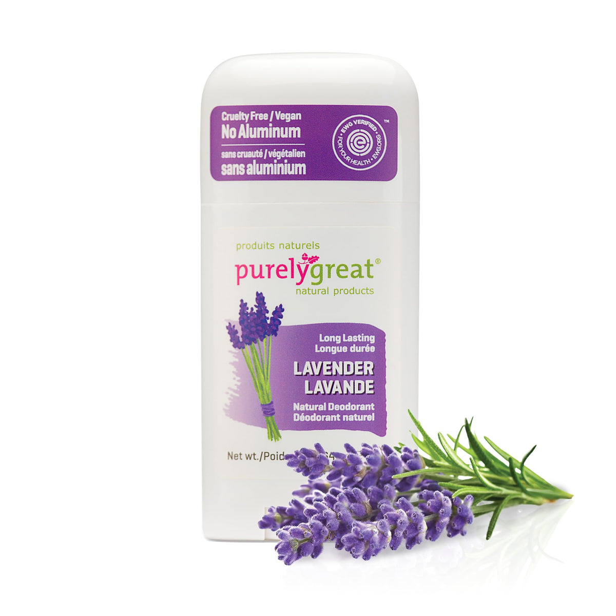 Purelygreat Lavender Deodorant Stick front view showing compact travel-ready design.