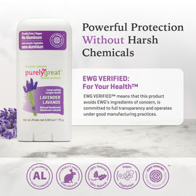 Purelygreat Lavender Deodorant Stick packaging highlights aluminum-free vegan formula.