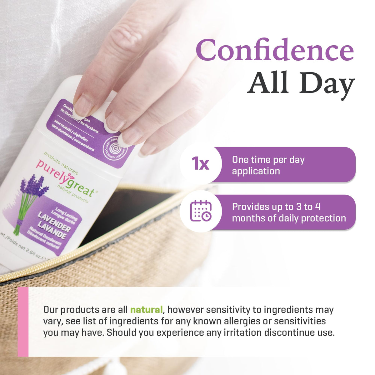 Purelygreat Lavender Deodorant Stick texture appears light and non-sticky.