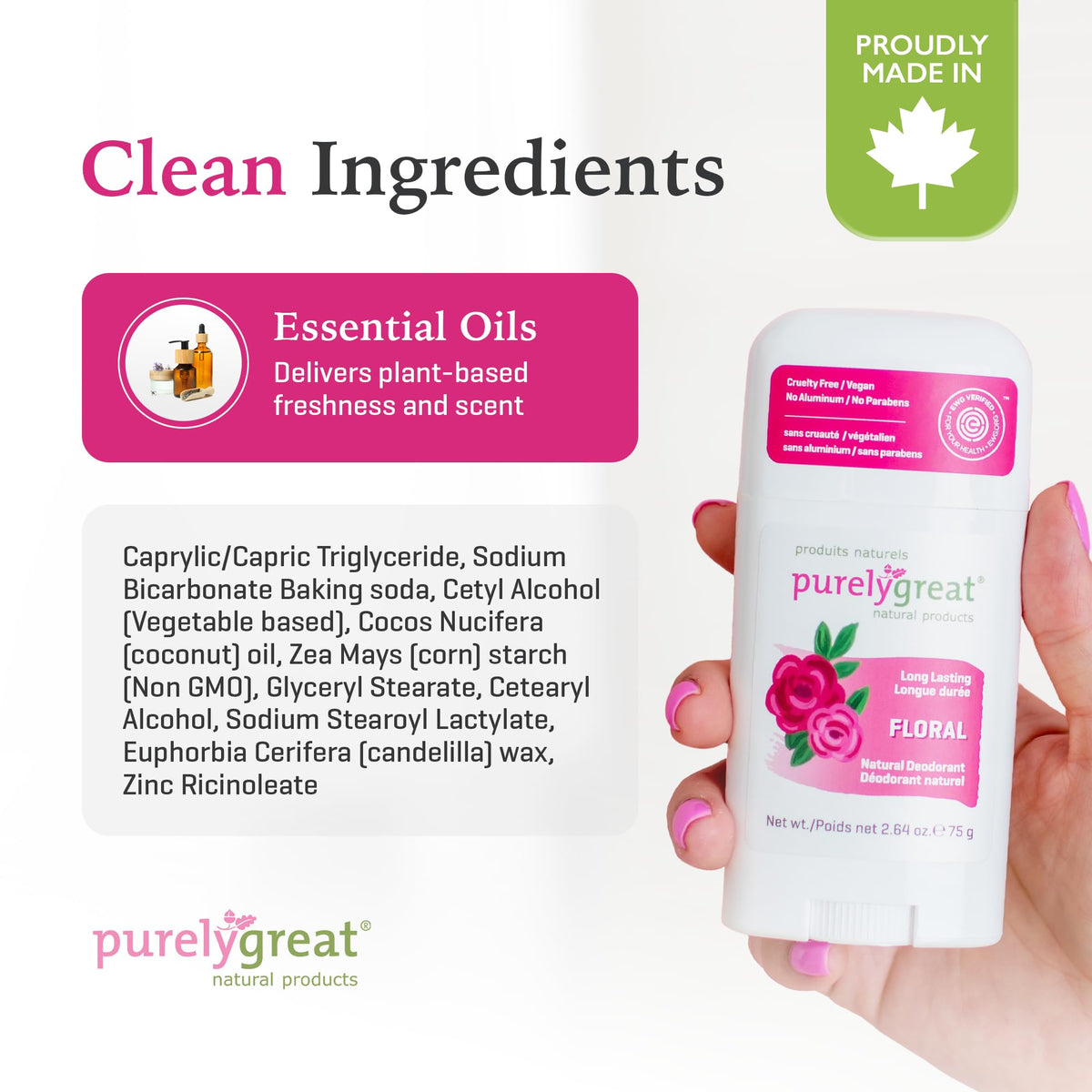 Purelygreat natural ingredients label—vegan and free from parabens and aluminum.