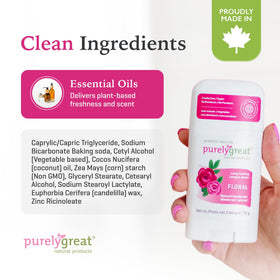 Purelygreat natural ingredients label—vegan and free from parabens and aluminum.
